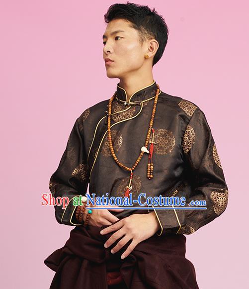 Chinese Tibetan Ethnic Male Deep Brown Brocade Shirt Zang Nationality Upper Outer Garment Clothing