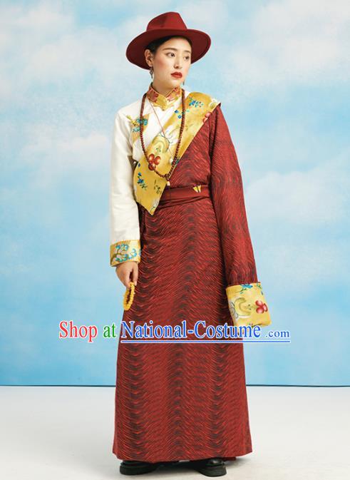 China Zang Nationality Kangba Clothing Tibetan Ethnic Dark Red Robe Costume