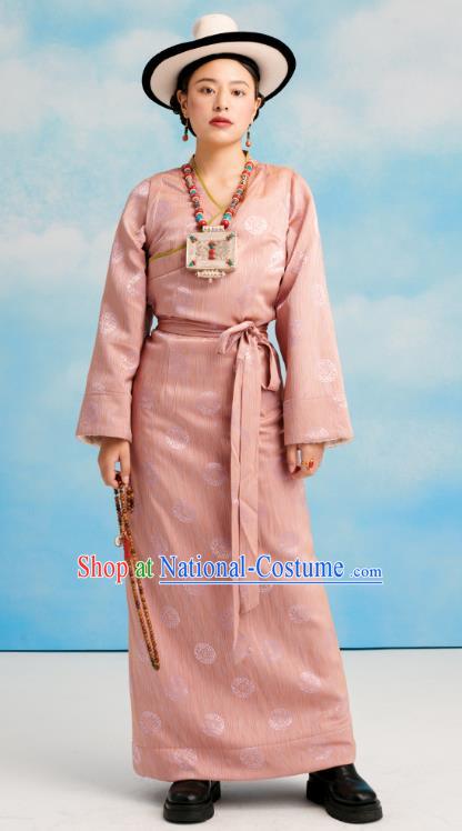 China Zang Nationality Pink Bola Dress Clothing Tibetan Ethnic Folk Dance Costume