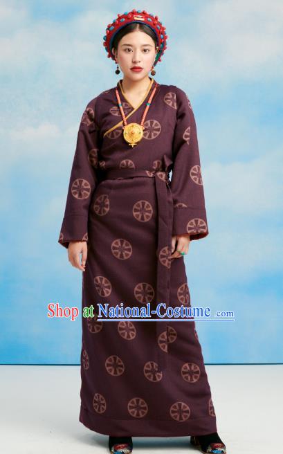 China Tibetan Ethnic Folk Dance Costume Zang Nationality Purple Bola Dress Clothing