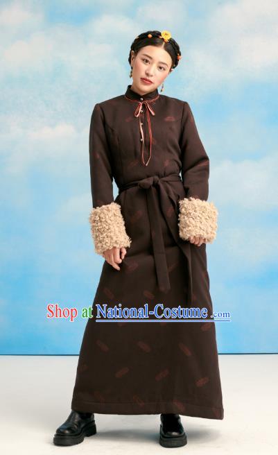 China Zang Nationality Deep Brown Bola Dress Clothing Tibetan Ethnic Stage Performance Costume