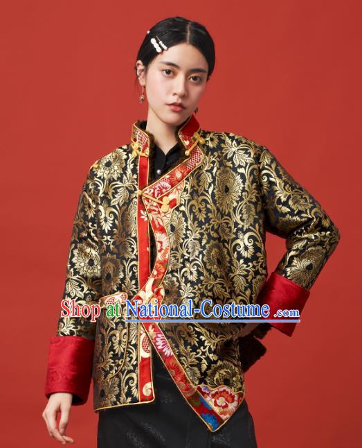 Chinese Zang Nationality Outer Garment Clothing Tibetan Ethnic Black Brocade Jacket