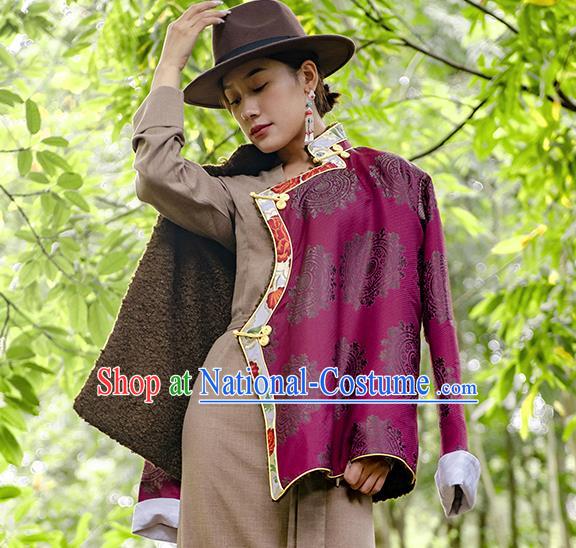 Chinese Tibetan Ethnic Purple Brocade Jacket Zang Nationality Outer Garment Clothing