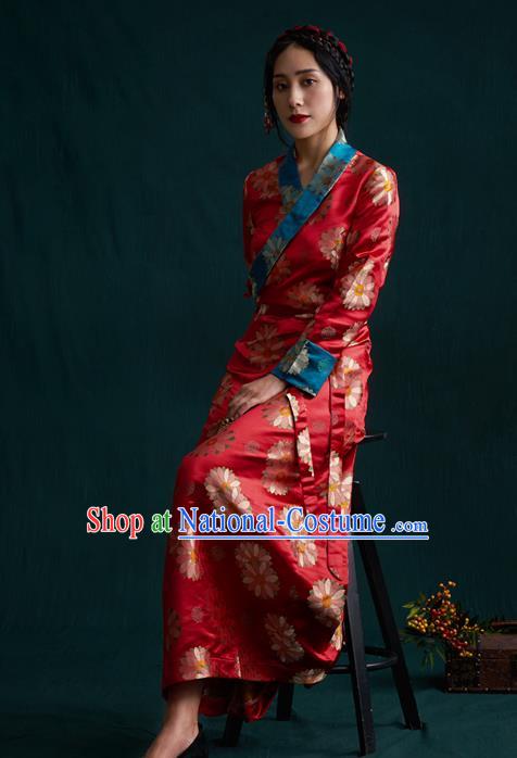 China Tibetan Ethnic Woman Folk Dance Clothing Zang Nationality Red Brocade Bola Dress