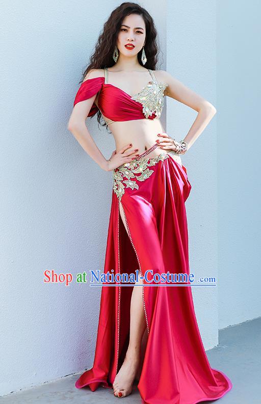 Asian Indian Belly Dance Rosy Bra and Skirt Outfits Traditional Oriental Dance Stage Performance Clothing