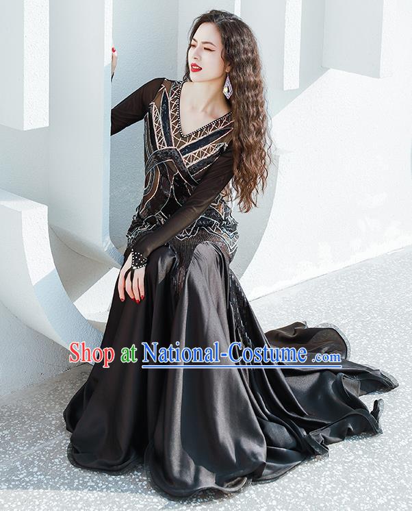 India Traditional Belly Dance Clothing Asian Oriental Dance Black Fishtail Dress