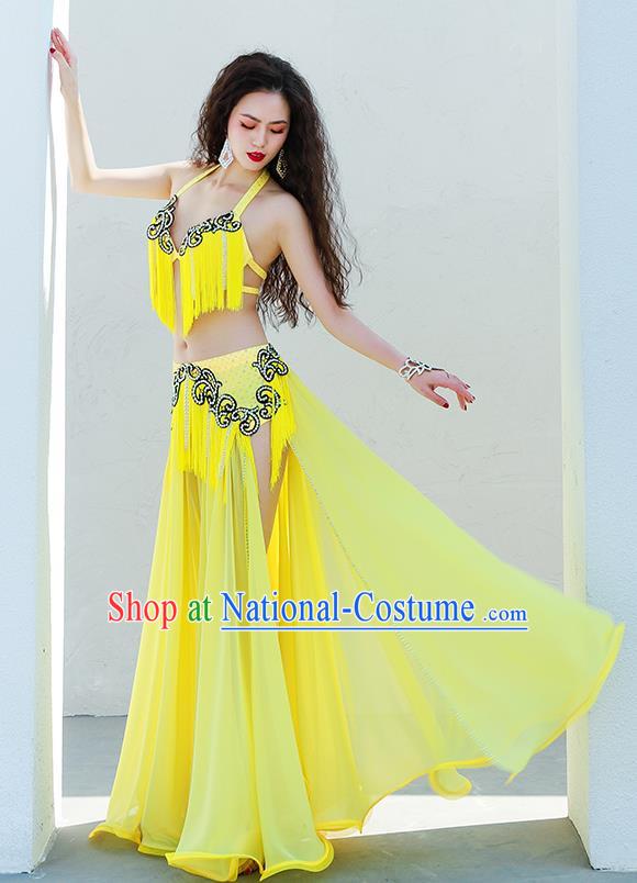 Indian Belly Dance Luxury Outfits Traditional Asian Oriental Dance Group Dance Clothing Yellow Tassel Bra and Skirt