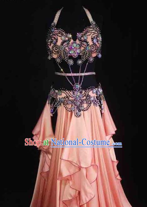 Indian Belly Dance Competition Outfits Traditional Asian Oriental Dance Stage Performance Clothing Bra and Pink Skirt