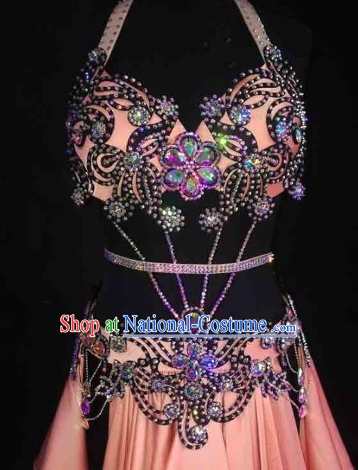 Indian Belly Dance Competition Outfits Traditional Asian Oriental Dance Stage Performance Clothing Bra and Pink Skirt