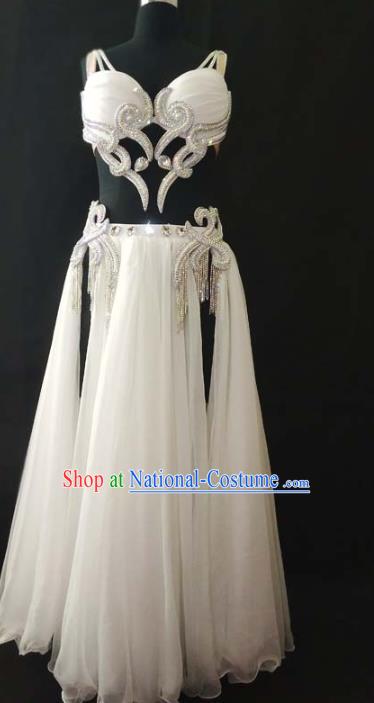 Traditional Asian Oriental Dance Competition Clothing Bra and Skirt Indian Belly Dance White Chiffon Outfits