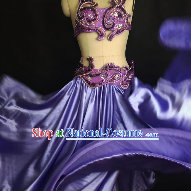 Indian Belly Dance Sexy Purple Outfits Traditional Asian Oriental Dance Competition Bra and Skirt Clothing