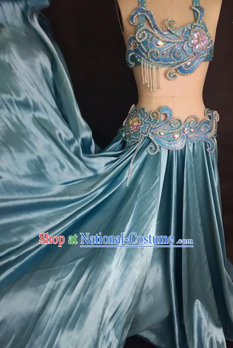 Asian Oriental Dance Competition Bra and Skirt Clothing Indian Traditional Belly Dance Sexy Blue Outfits