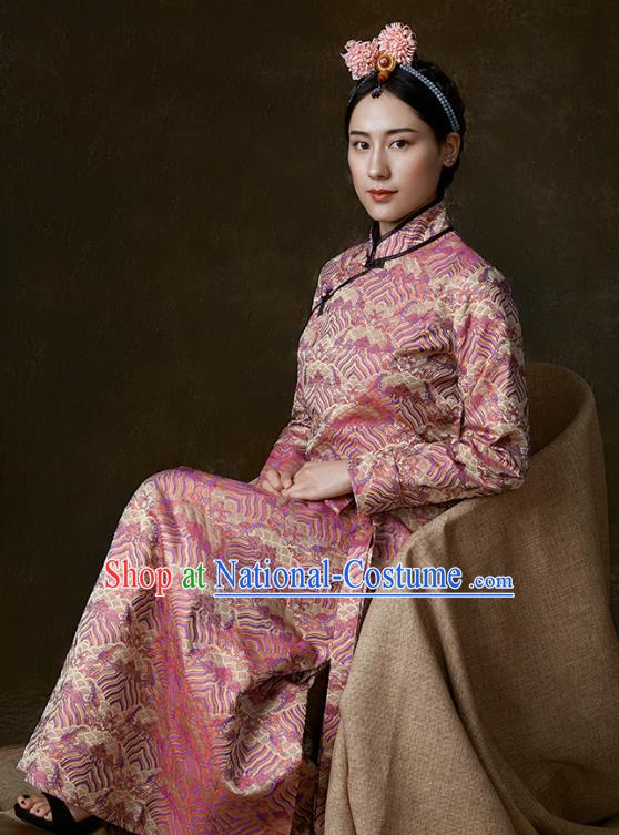 China Traditional Tibetan Ethnic Stage Performance Clothing Zang Nationality Pink Brocade Bola Dress