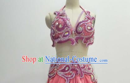 Asian Oriental Dance Performance Bra and Skirt Clothing Indian Traditional Belly Dance Competition Pink Outfits