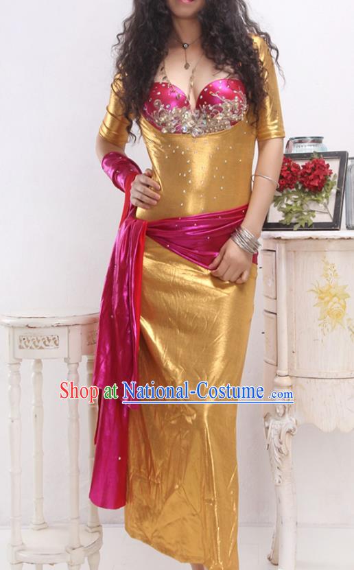 India Traditional Belly Dance Clothing Asian Oriental Dance Performance Rosy Bra and Golden Robe Outfits