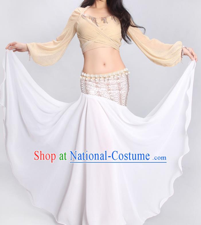 Indian Traditional Belly Dance Outfits Asian Oriental Dance Training Beige Blouse and White Skirt Clothing