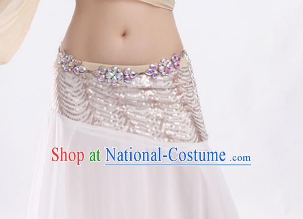 Indian Traditional Belly Dance Outfits Asian Oriental Dance Training Beige Blouse and White Skirt Clothing