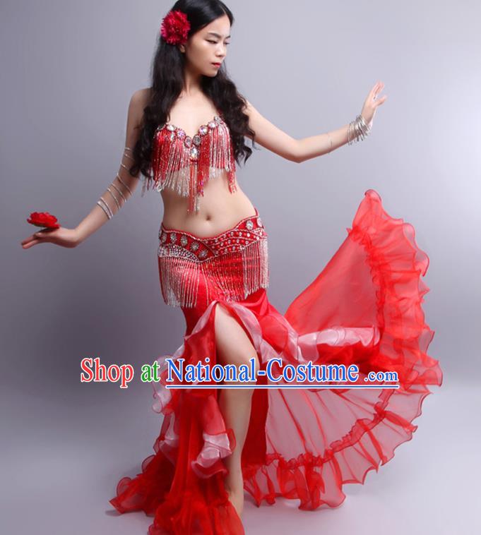 Indian Traditional Belly Dance Red Sexy Tassel Outfits Asian Oriental Dance Stage Performance Clothing