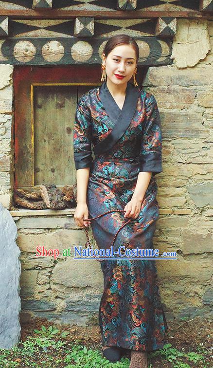 China Zang Nationality Navy Brocade Bola Dress Clothing Tibetan Ethnic Woman Costume