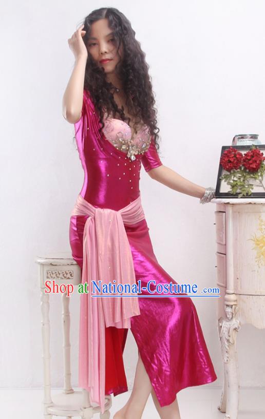 Asian Oriental Dance Rosy Bra and Robe Outfits India Traditional Belly Dance Stage Clothing