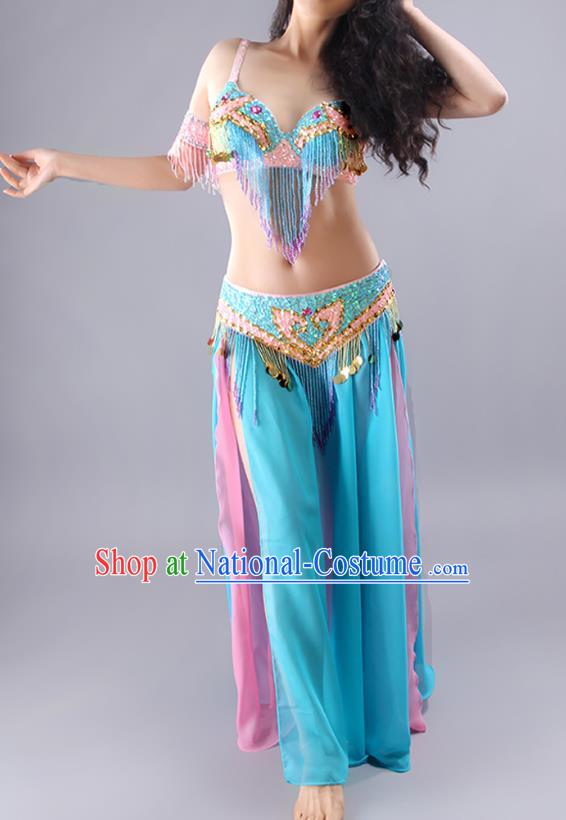 Traditional Asian Indian Belly Dance Stage Performance Clothing India Oriental Dance Beads Tassel Bra and Blue Skirt Outfits