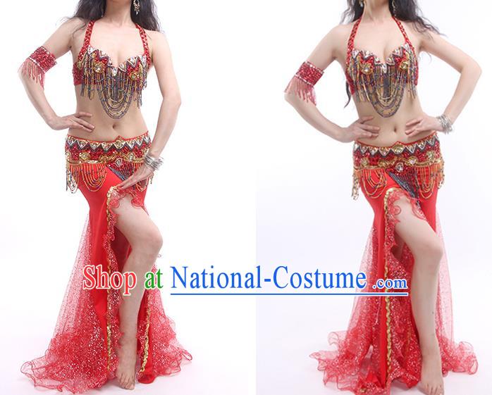 India Oriental Dance Bra and Skirt Outfits Traditional Asian Indian Belly Dance Stage Performance Red Clothing