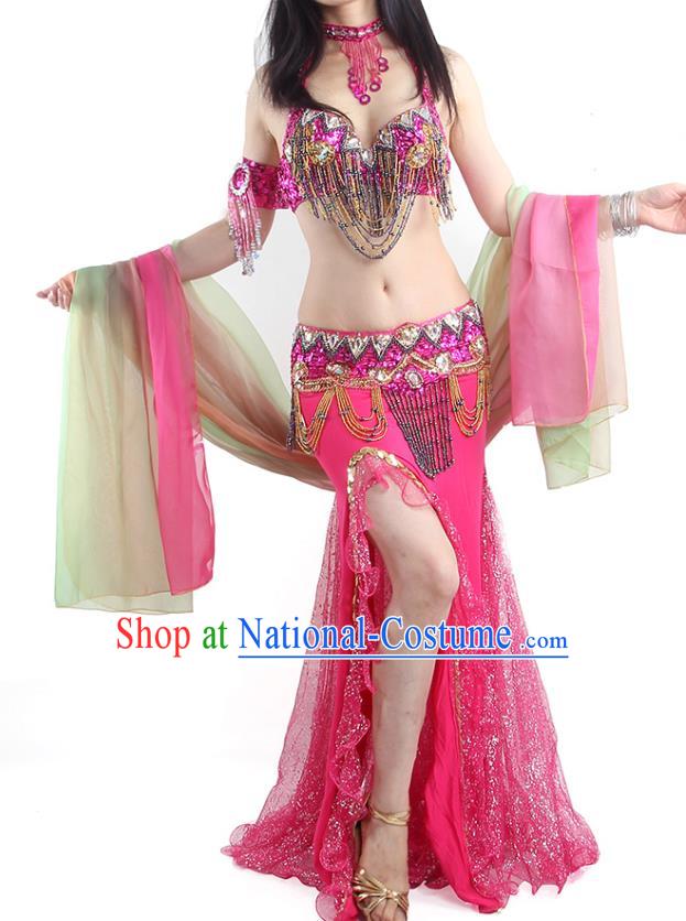 Traditional Oriental Dance Rosy Outfits India Belly Dance Bra and Skirt Asian Indian Raks Sharki Dance Clothing