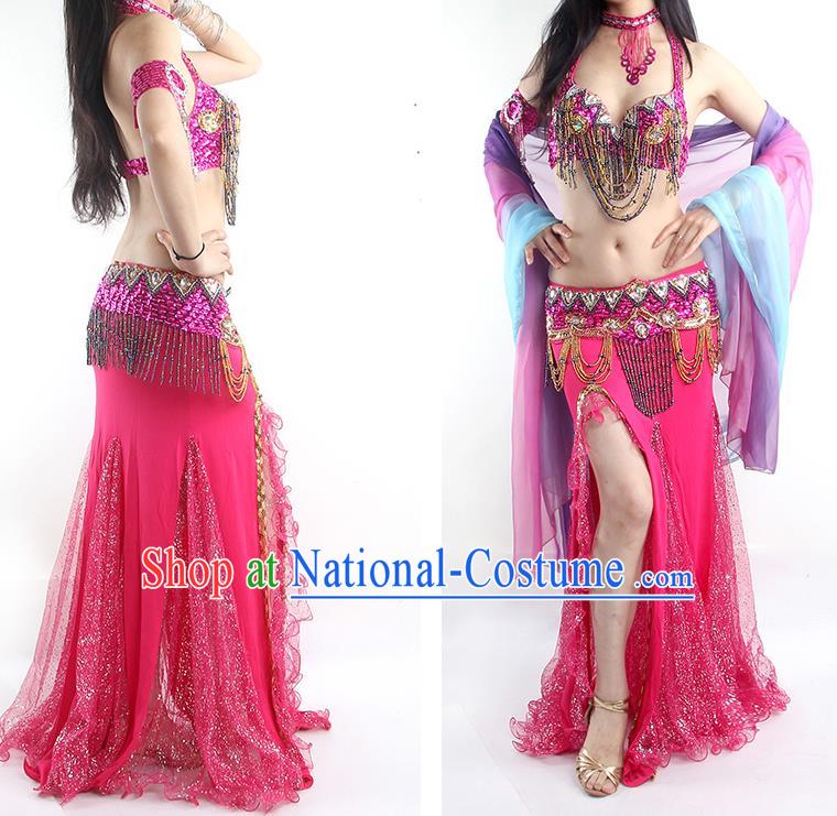 Traditional Oriental Dance Rosy Outfits India Belly Dance Bra and Skirt Asian Indian Raks Sharki Dance Clothing