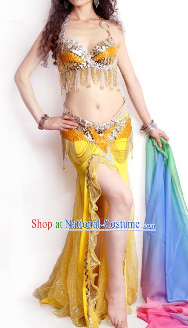 Asian Traditional Indian Raks Sharki Dance Oriental Dance Costume India Belly Dance Competition Beads Tassel Yellow Bra and Skirt