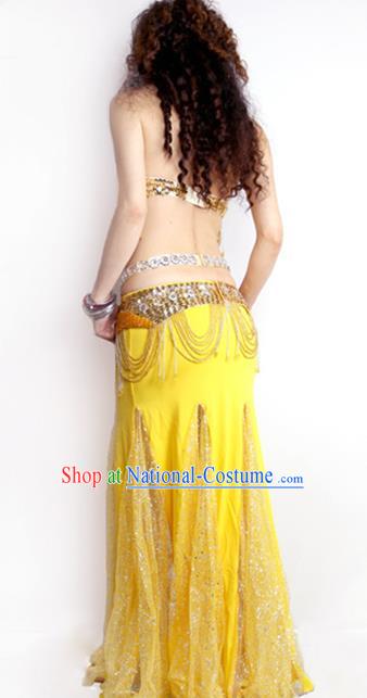 Asian Traditional Indian Raks Sharki Dance Oriental Dance Costume India Belly Dance Competition Beads Tassel Yellow Bra and Skirt