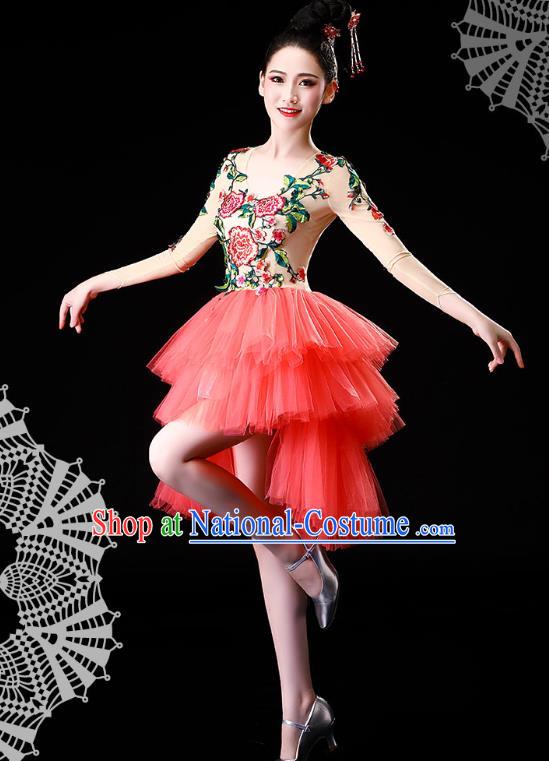 China Jazz Dance Stage Performance Costume Modern Dance Embroidered Pink Bubble Dress