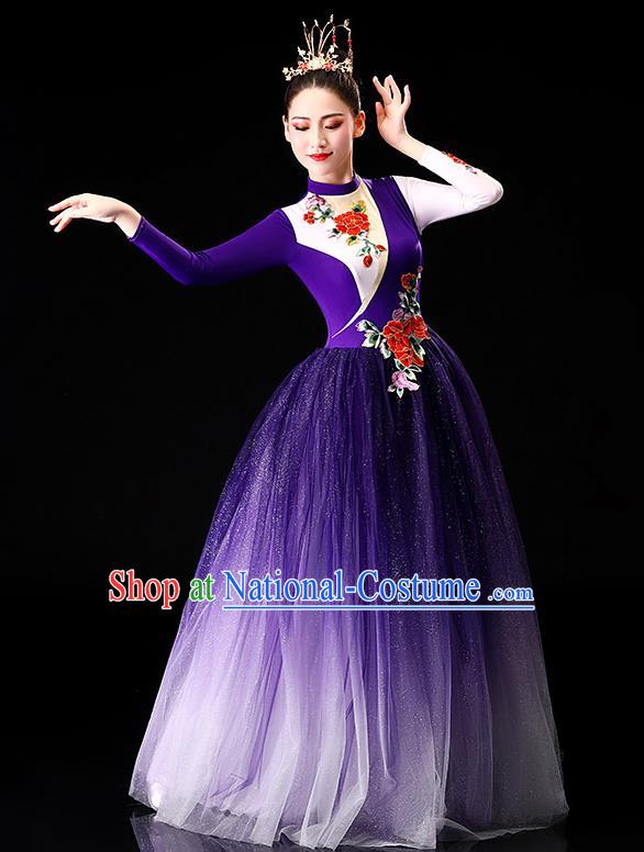 China Chorus Clothing Modern Dance Stage Performance Costume Opening Dance Purple Veil Dress