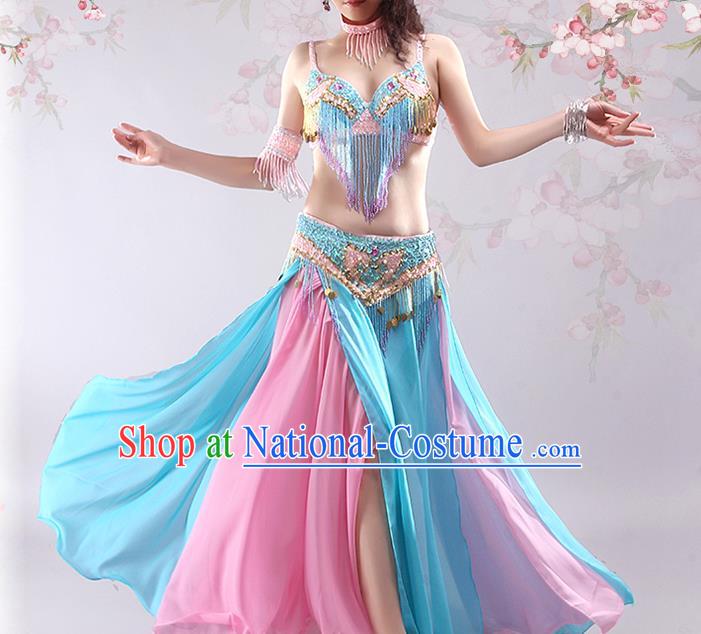 India Oriental Dance Tassel Bra and Blue Skirt Outfits Traditional Asian Indian Belly Dance Group Dance Clothing