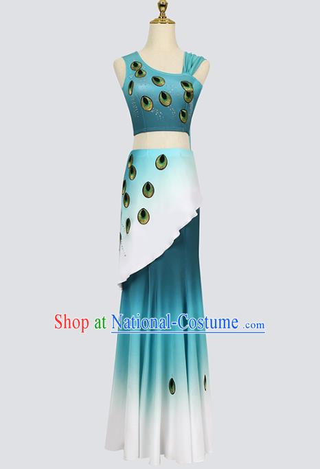 China Traditional Yunnan Ethnic Stage Performance Clothing Dai Nationality Peacock Dance Blue Outfits Costumes