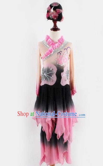 Chinese Classical Dance Pink Outfits Lotus Dance Stage Performance Clothing and Headwear