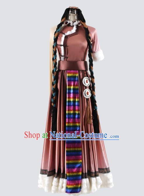 China Traditional Tibetan Ethnic Stage Performance Clothing Zang Nationality Folk Dance Brown Dress Costume and Headwear