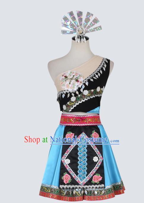 China Traditional Miao Ethnic Folk Dance Clothing Hmong Nationality Stage Performance Blue Dress Outfits and Hair Accessories