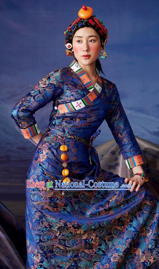 China Zang Nationality Royalblue Brocade Bola Dress Clothing Tibetan Ethnic Woman Stage Performance Costume