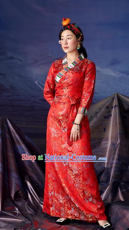 China Tibetan Ethnic Woman Stage Performance Costume Zang Nationality Red Brocade Bola Dress Clothing