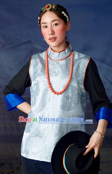 Chinese Tibetan Ethnic Light Blue Brocade Waistcoat Zang Nationality Vest Clothing