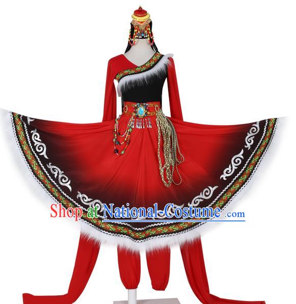 China Traditional Tibetan Ethnic Folk Dance Clothing Zang Nationality Water Sleeve Red Dress Outfits and Headwear