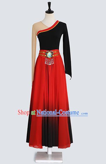 China Traditional Zang Ethnic Folk Dance Clothing Tibetan Nationality Red Dress Outfits