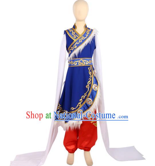 Chinese Tibetan Dance Clothing Nationality Folk Dance Stage Performance Blue Outfits for Men