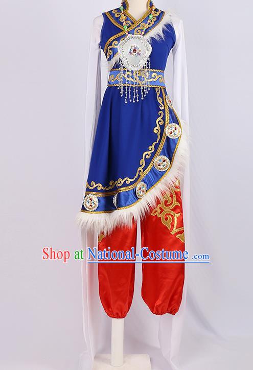 Chinese Tibetan Dance Clothing Nationality Folk Dance Stage Performance Blue Outfits for Men