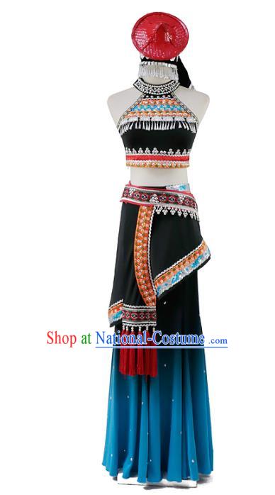 China Traditional Yunnan Ethnic Peacock Dance Clothing Dai Nationality Dress Outfits and Hat