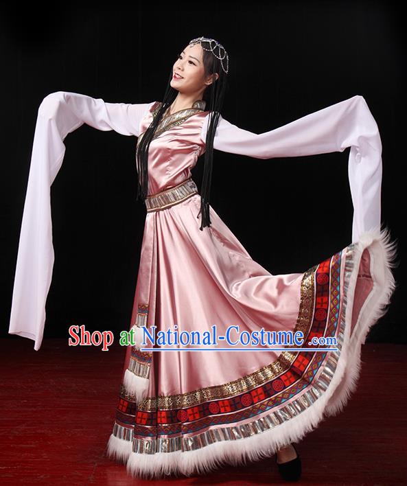 China Traditional Zang Ethnic Stage Performance Clothing Tibetan Nationality Pink Dress Outfits