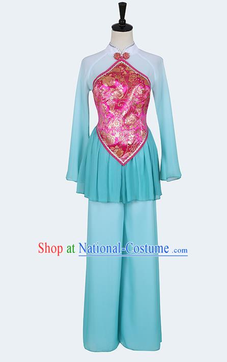 Chinese Folk Dance Blue Outfits Fan Dance Yangko Stage Performance Clothing