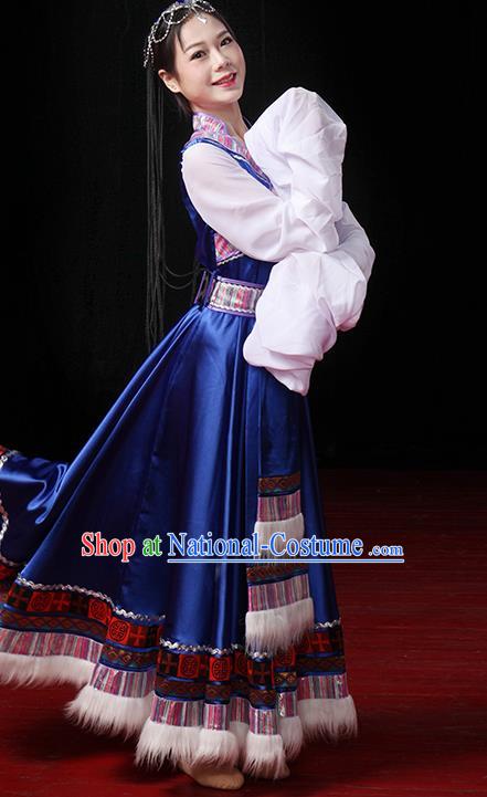 China Traditional Zang Ethnic Stage Performance Water Sleeve Clothing Tibetan Nationality Dance Royalblue Dress Outfits