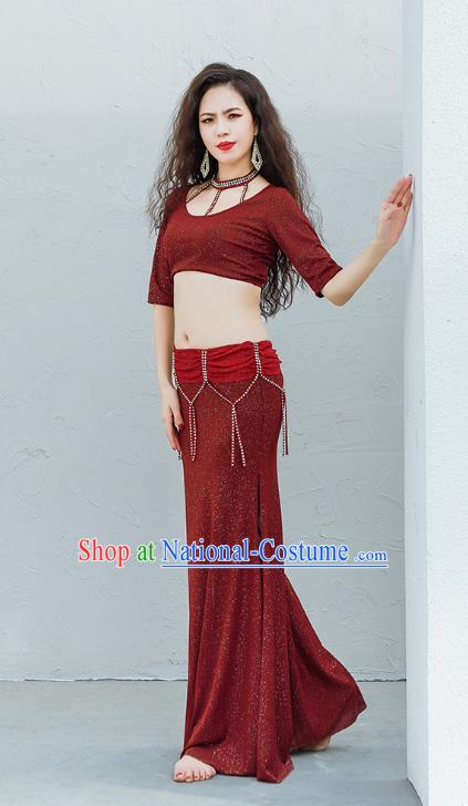 Indian Traditional Oriental Dance Dark Red Top and Skirt Uniforms Asian Raks Sharki Belly Dance Training Costume