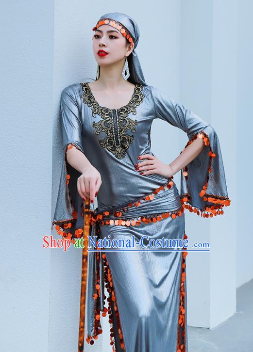 Asian Raks Sharki Belly Dance Stage Performance Costume Indian Traditional Oriental Dance Grey Robe and Headwear